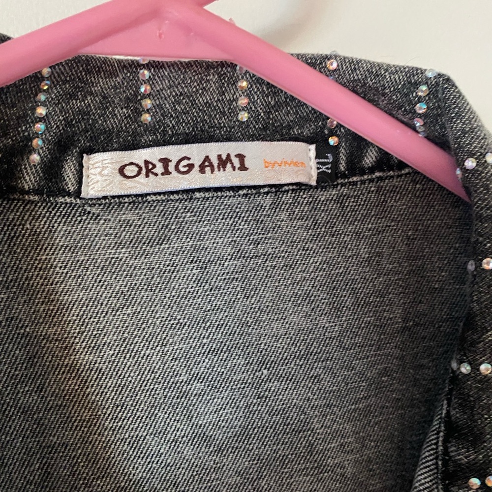 Origami Black Rhinestone Mesh Sleeve Denim Jacket - Picture 5 of 6